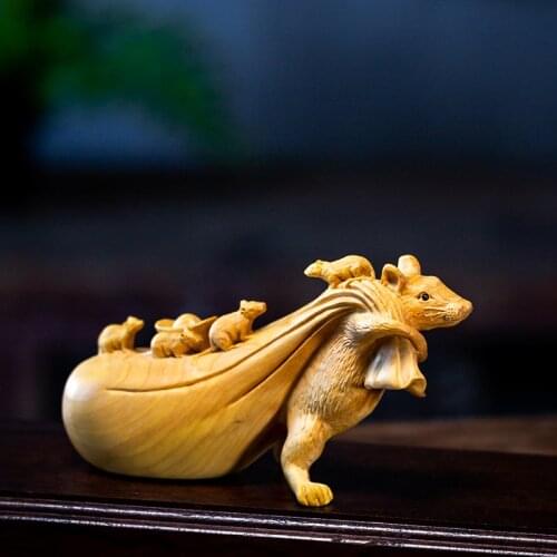 13CM Mascot Mouse with Money Bag Chinese Rat Statue Wood Figurines Home Decoration Arts Crafts Lucky Statue Desk Decor