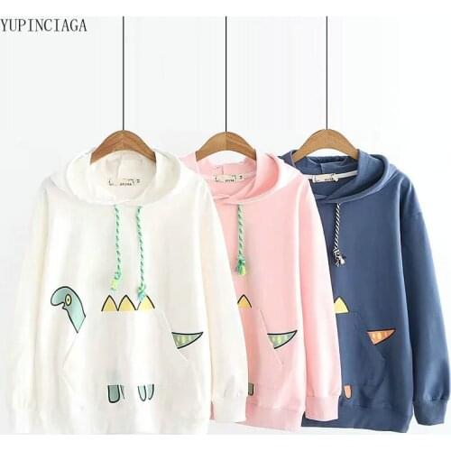 Womens Dinosaur Print Hooded Sweatshirt With Horns On Hood Loose Hoodies Femme Harajuku Long Sleeve Sweet Style Girl Pullovers