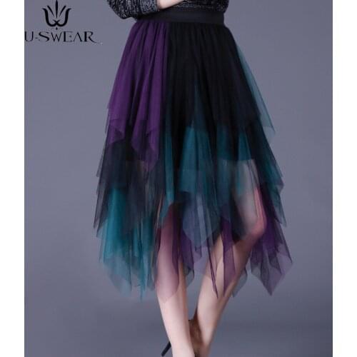 U-SWEAR 2021 Spring/Summer High Quality Irregular Color Stitching Mesh Skirt Pleated Skirt Casual Mesh Skirt