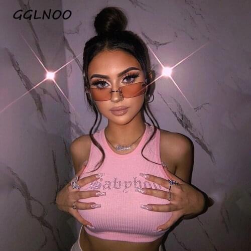 GGLNOO Aesthetics Rhinestone Sleeveless Tank Tops Y2K Streetwear O-neck Letter Ribbed Crop Tops Sexy Clubwear Pink Vests