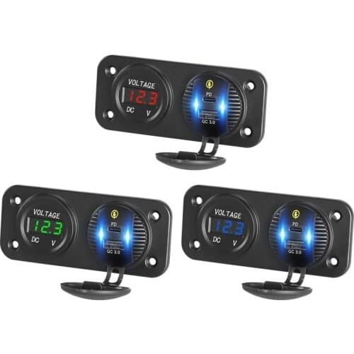 Waterproof QC3.0 Socket Fast Charging USB PD Type-C Adapter Car Charger Adapter for Phone with Car Digital Voltmeter 12V-24V