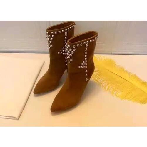 Womens Shoes Paris Layo Boots Brown Suede Silver-tone Studs Pointed Toe Heel 10.5 Cm Calfskin Leather