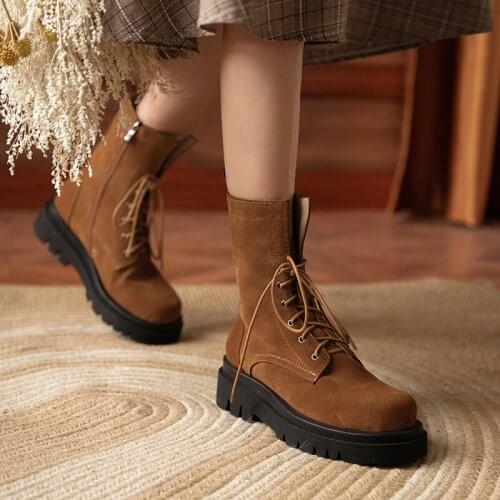 QZYERAI Women Motorcycle boots Cow Suede Lace-Up Zip Platform Genuine Leather Ladies Winter Boots Handmade Winter Boots Women