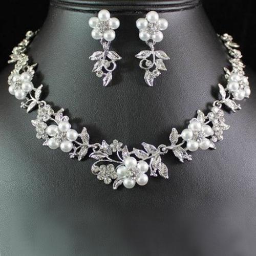 Women\s Floral Faux Pearl Silver Plated Necklace Earrings Bridal Jewelry Set hot
