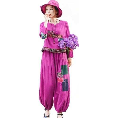 2 Piece Sets Womens Cotton and Linen Outfits Long Sleeve O-neck Tops+ Loose Bloomers 2021 Summer Casual Two Piece Set