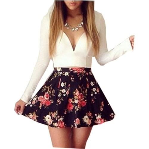 Women Summer Dresses 2021 Sexy V-neck Long Sleeve Floral Print Patchwork Mini Dress Promotions Vestidos Dropshipping KF812