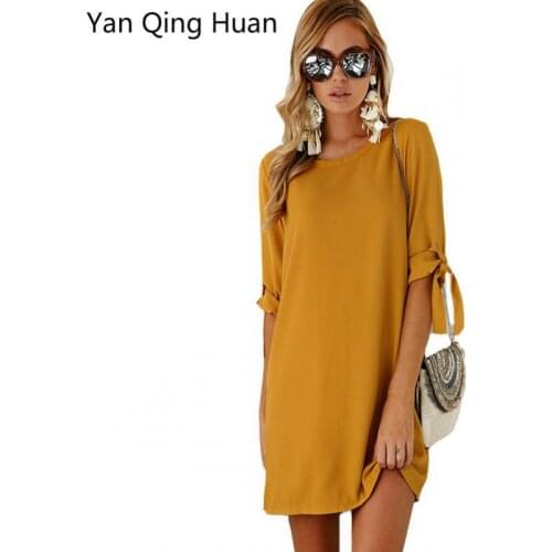 Yan Qing Huan Summer Hot New Round Neck Five-point Sleeve Dress Solid Color Loose Temperament Ol Commuter Bow Womens Dress