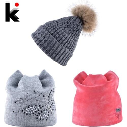 Winter Hat Women Skullies Beanies Girls Warm Knitted Fur Pompom Caps Three Hats Package Multi Color Fashion Lady Beanie Gorras