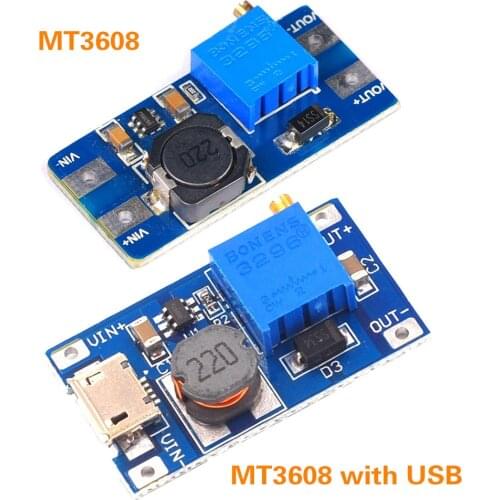 1PCS MT3608 DC-DC Adjustable Boost Module 2A Boost Plate Step Up Module with MICRO USB 2V-24V to 5V 9V 12V 28V