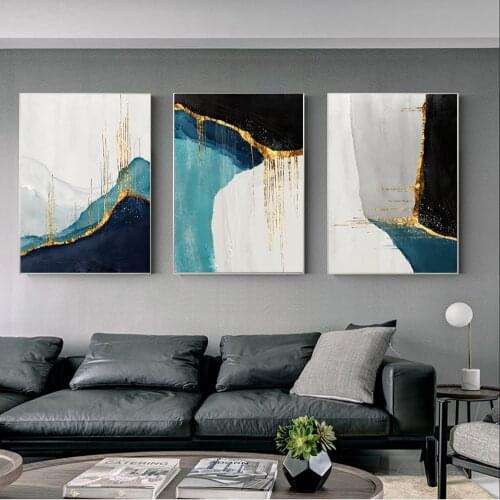 Abstract Blue Splicing Color Canvas Painting and Print Wall Art Abstract Golden and Blue Picture for Living Room Home Decoration