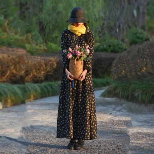 Free Shipping 2019 New Fashion Cotton Fleece Thick Warm Long Maxi Dress Women Long-sleeve Loose Dresses Flower Chinese Style