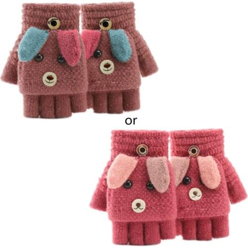 Children Kids Winter Warm Convertible Flip Top Gloves Cartoon Dog Knitted Plush Lined Flap Cover Fingerless Mittens