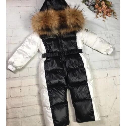 Real fur 2019 Winter Jacket child jackets children color block jumpsuit snow suit girl down romper ski suits outerwear