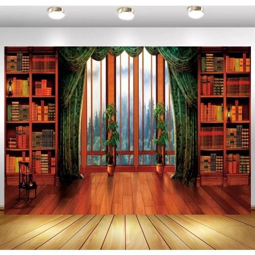 Old Bookshelf Wood Floor Photography Background French Window Curtain Room Decoration Backdrops For Photo Studio