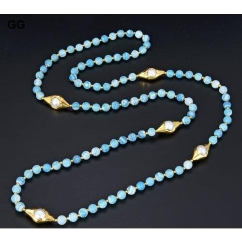 GuaiGuai Jewelry 40" Blue Frosted Agate 24 K Gold Color Plated Pearl Connector Necklace