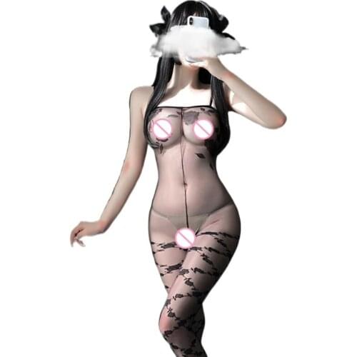Printed Fabric Open Crotch Jumpsuit Sexi Women Porno Sexy Lingerie Mesh Transparent Bodysuit Erotic Underwear Ladies Catsuit Sex