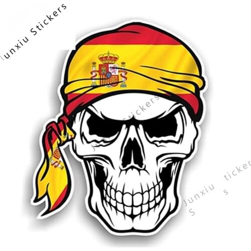 GOTHIC BIKER Pirate SKULL HEAD BANDANA & Spain Spanish Country Flag Vinyl Car Sticker SUV Fine Decal Decor Graphic PVC13x11cm