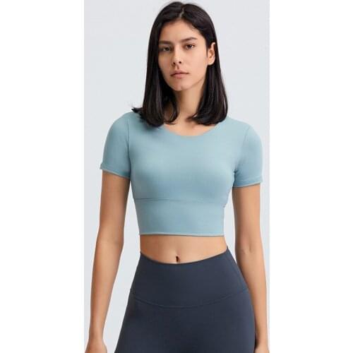 Ribbed Round Collar Fitness Crop Tank Top Built In Bra Women Shockproof Running Yoga Sports Bra Tops Padded Push Up Sporty Vest