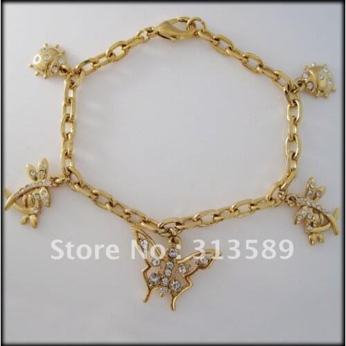 MIN ORDER 10$ CAN MIX DESIGN /7.7" TOP QUALITY - YELLOW GOLD GP SOLID FILLED BRASS BUTTERFLY CHARM BRACELET /GREAT GIFT