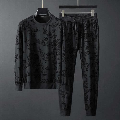 2020 autumn new personality simple jacquard crew neck long sleeve vests pants two-piece mens suit