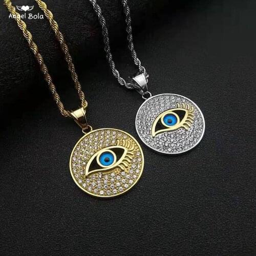 New Hip Hop Jewelry Stainless Steel Gold Plated Crystal Round Blue Evil Eye Medal Pendant Necklace for Men and Women Wholesale