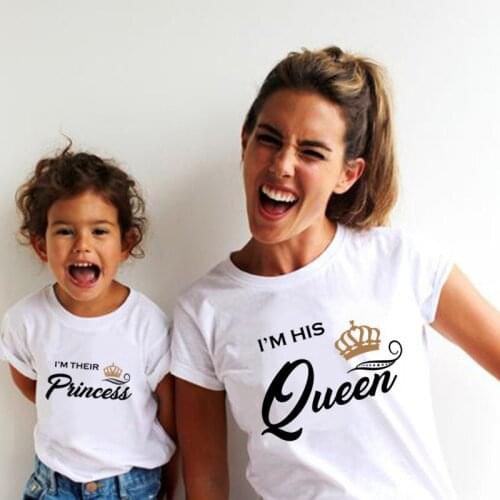 Queen and Princess Mother Daughter Matching Family Outfits Kids Clothes Girls Women Tshirt Mommy and Me Clothes