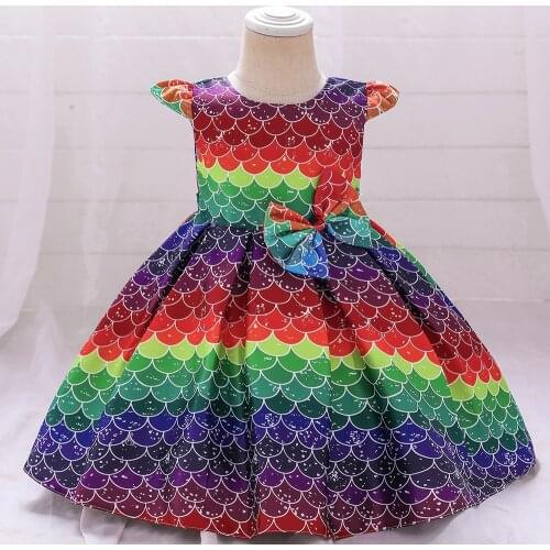 Newborn Baby Girls Dress Christmas Costume Rainbow Color Pattern Flying Sleeve Princess Dress for Girls Birthday Party Ball Gown
