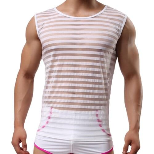 Sexy Men Undershirts Mesh See Through Tank Tops Sleeveless Sheer Shirts Transparent Mens Vest Fitness Sports Underwear T-shirts