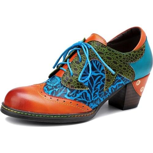 Vintage Basic Women Pumps Genuine Leather Hand Painted Flower Pattern Splicing Lace Up 4.5CM Square High heels Women Shoes