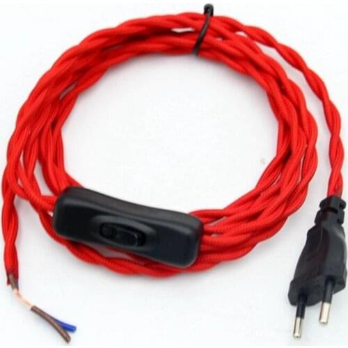 220V AC Vintage Power Cord With EU Plug Line Switch Fabric Covered Twisted Cable 2 Meters Long