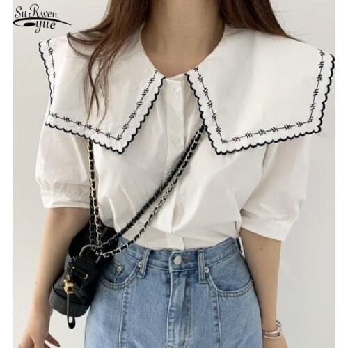 Fashion Lapel Embroidered Shirts For Women 2021 New Single Breasted Short Sleeve White Blouse Women Chic Vintage Lady Tops 15283