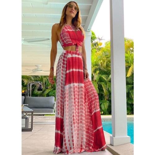Women 2021 Summer Bohemian Two Piece Dresses Set Casual Strap Cropped Top + Elastic High Waist Long Skirt Vacation Outfits