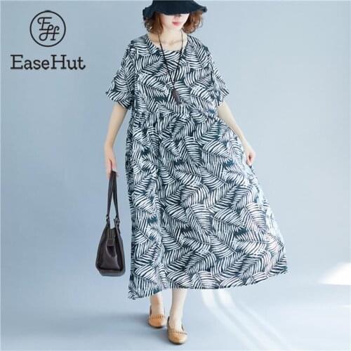 EaseHut Ethnic Women Cotton Linen Dress Mori Girl One Piece Contrast Floral Leaves Print Pockets Swing Midi Calf Summer Dress