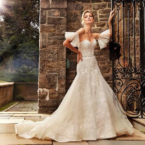 Sweetheart Neck Wedding Dress Detachable Sleeves Pearl Appliques A-Line Court Train Princess Robes De Mariage Vestidos De Novia