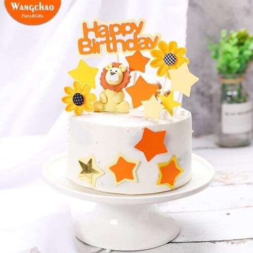 Star Lion Sunflower Cake Topper Safari Jungle Animal Theme Party Happy Birthday Cake Topper Kids Favors Cartoon Decorating