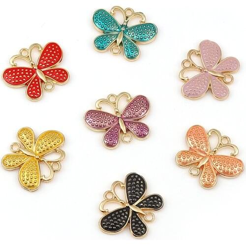 10 PCs Zinc Based Alloy Butterfly Connectors For Necklace Earrings Making Animal Gold Plated Colorful Enamel DIY 25mm x 20mm
