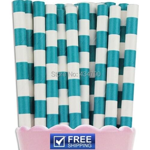 200pcs Teal Blue Ring Circle Sailor Stripe Paper Drinking Straws,Dark Aqua DIY Cake Pop Sticks,Party Supplies Decorations