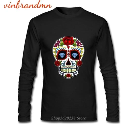 Diamonds Mexican Skull Sugar Skull Print Mens Long Sleeve Crew Neck T Shirts New Design For Men Clothing Harajuku Streetwear