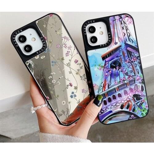 Oil Painting Tower Pattern Flowers Mirror Case For iPhone 12 Mini 11 Pro Max SE 2020 7 8 Plus 12Pro XS Max X XR Back Cover Coque