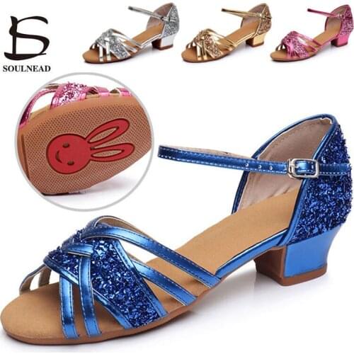 Children Latin Dance Shoes Salsa Dancing Shoes Glitter Women Ballroom Tango Girls Low Heeled Outdoor Dance Sneakers Kids Sandals
