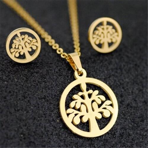 Tree Of Life Earring Necklace Jewelry Sets For Women Men Stainless Steel Gold Pendant Necklaces Choker Fashion Jewelry