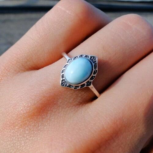925 Sterling Silver Vintage Elegance Adjustable Size Ring Oval 6x8mm Natural Larimar Ring Silver Jewelry Rings For Gift