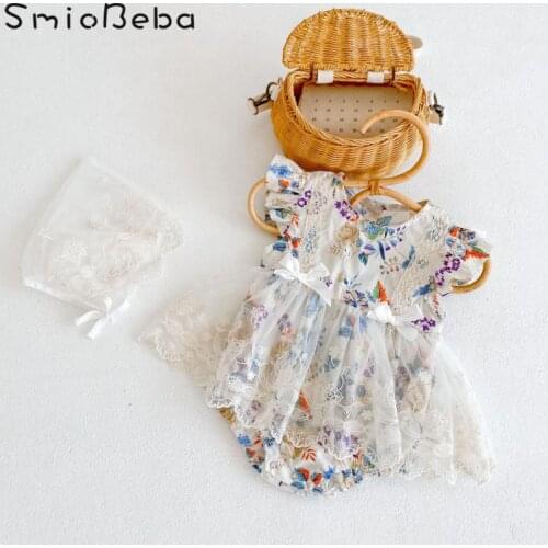 Summer Baby Girl Bodysuits Flower Broken Fly Sleeve Mesh Bow Kids Rompers With Hats One-piece Dress Creeping Clothes 0-24 Months