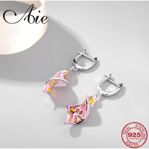 Fashion s925 Sterling Silver DIY luxury brown flower pattern pink Enamel fine Dangle Earrings Party Jewelry
