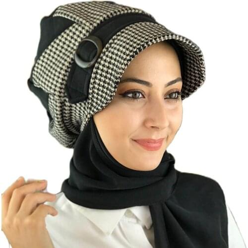 Islamic Fashion Muslim Women Hijab 2021 Trend Single Size Bathing Cap Beret Ready Shawl Scarf Buckle Hat Black Patterned Women 'S Hat