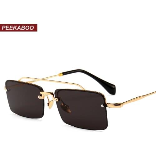 Peekaboo retro rectangle sunglasses men metal frame gold brown red semi rimless square sun glasses for women 2018 summer