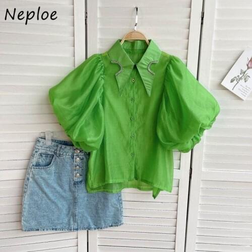Neploe Turn Down Collar Puff Short Sleeve Candy Color Blouse Women Beading Design Ol Loose Blusas Summer 2021 New Shirt Femme