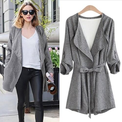 2018 Autumn Winter Fashion Loose Linen Trench Coat For Women Windbreaker Turn-Down Collar Belt Slim Long Trench