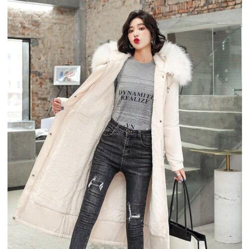 21 New Winter Korean Fur Lining Long Parka Women Zipper Full Sleeve Loose Cotton-Padded Coat Long Hooded Parka Female LD2207
