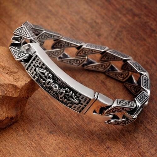 Real 925 Sterling Silver Vajra Six Words Mantra Carved Bangle Big Thick Solid S925 Bracelet Religious Silver Man Male Jewelry